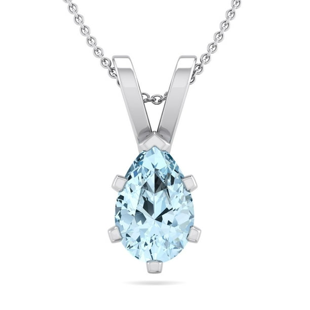 Sterling Silver Necklace With Sparkling Aquamarine Pear With CZ Pendant & Chain